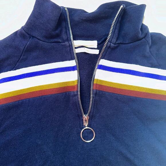 EUC Women’s Medium Urban Outfitters Rainbow Striped Funnel Neck Navy Track Top - Picture 3 of 6